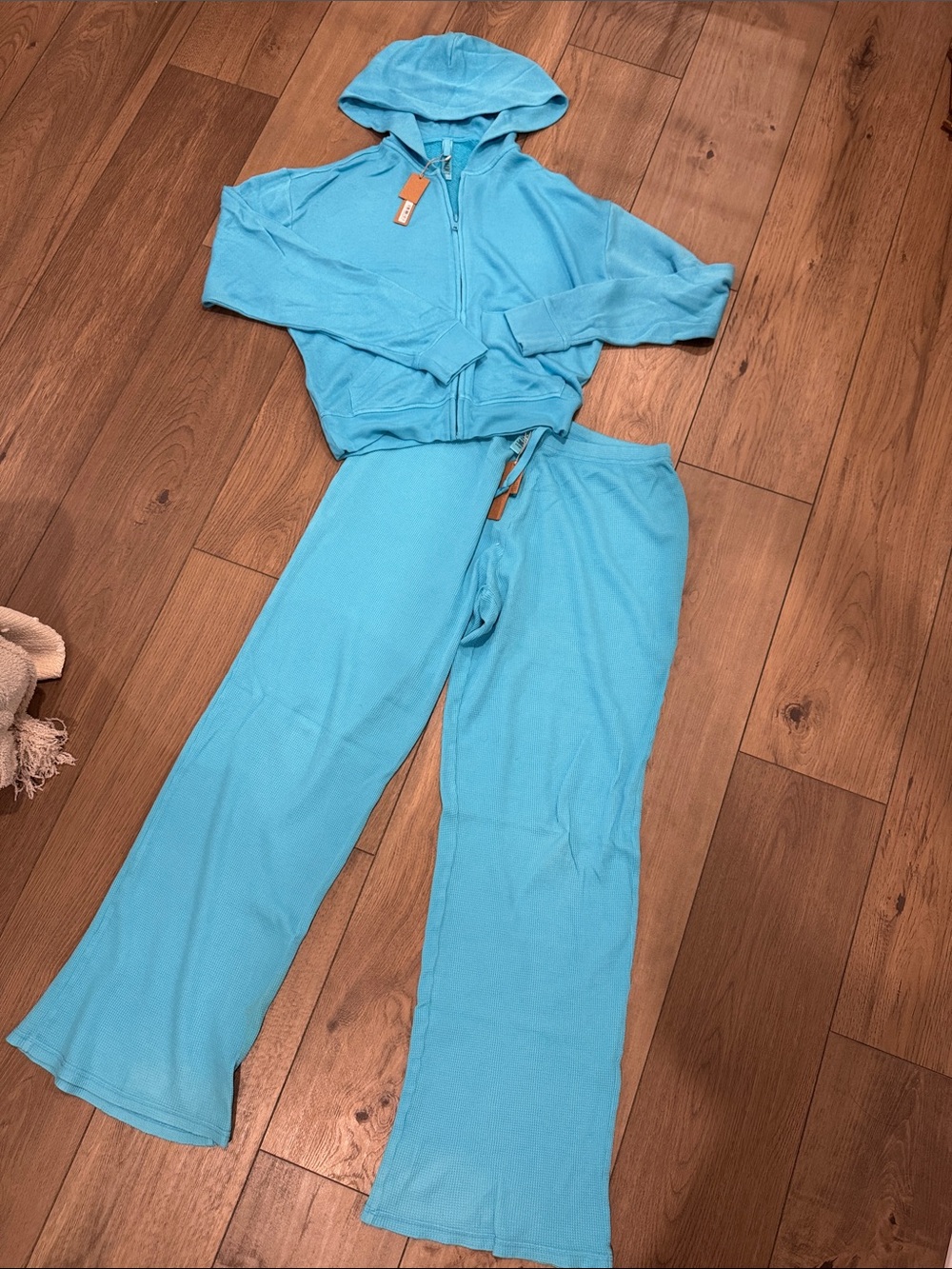 NEW Skims Terry Lightweight Zip Up Hoodie & Waffle Straight Leg Pant Cyan Small